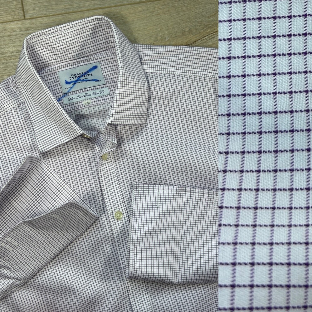 Charles Tyrwhitt Dress 15.5/34 Purple Check Non-Iron Extra Slim Fit French Cuffs - Picture 8 of 8